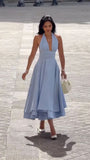 Cifeeo-back to school outfits nye outfits Valentine's Day outfits Sexy A Line Halter Neckline Sleeveless Blue Satin Prom Dresses CIF2008