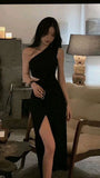 Cifeeo-back to school outfits nye outfits Valentine's Day outfits Beautiful Mermaid One Shoulder Black Slit Party Dresses Prom Dress CIF2017