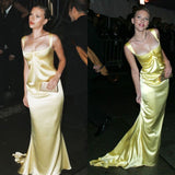 Cifeeo-back to school outfits nye outfits Valentine's Day outfits Beautiful Mermaid Square Neckline Yellow Satin Party Dresses Prom Dress CIF2018