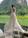 Cifeeo-back to school outfits nye outfits Valentine's Day outfits Beautiful A line V Neckline White Chiffon Long Party Dresses Prom Dress CIF2019