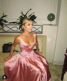 Cifeeo-back to school outfits nye outfits Valentine's Day outfits Elegant A Line V Neckline Floor-length Satin Long Pink Evening Dress Prom Dresses CIF2031
