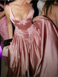 Cifeeo-back to school outfits nye outfits Valentine's Day outfits Elegant A Line V Neckline Floor-length Satin Long Pink Evening Dress Prom Dresses CIF2031