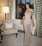 Cifeeo-back to school outfits nye outfits Valentine's Day outfits Pretty Mermaid Halter Neckline Long Sequin Champagne Party Dresses Prom Dress CIF2036
