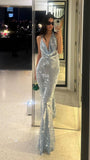 Cifeeo-back to school outfits nye outfits Valentine's Day outfits Pretty Mermaid Halter Neckline Long Sequin Silver Party Dresses Prom Dress CIF2037