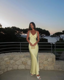 Cifeeo-back to school outfits nye outfits Valentine's Day outfits Pretty Mermaid V Neckline Long Yellow Satin Party Dresses Prom Dresses CIF2039
