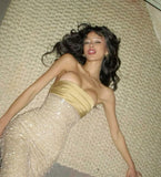 Cifeeo-back to school outfits nye outfits Valentine's Day outfits Pretty Mermaid Strapless Long Yellow Sequin Satin Party Dresses Prom Dresses CIF2042