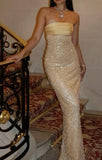 Cifeeo-back to school outfits nye outfits Valentine's Day outfits Pretty Mermaid Strapless Long Yellow Sequin Satin Party Dresses Prom Dresses CIF2042