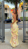 Cifeeo-back to school outfits nye outfits Valentine's Day outfits Gorgeous Mermaid Spaghetti Straps Floor Length Floral Yellow Chiffon Evening Dress Prom Dresses CIF2045