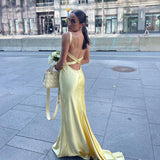 Cifeeo-back to school outfits nye outfits Valentine's Day outfits Gorgeous Mermaid Spaghetti Straps Floor Length Yellow Evening Dress Backless Prom Dresses CIF2047
