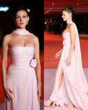 Cifeeo-back to school outfits nye outfits Valentine's Day outfits Classy A line Strapless Pink Chiffon Slit Long Evening Dress Prom Dresses CIF2070