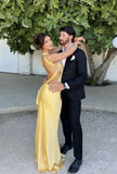 Cifeeo-back to school outfits nye outfits Valentine's Day outfits Classy Mermaid One Shoulder Yellow Long Evening Dress Prom Dresses With Backless CIF2074