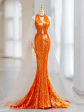 Cifeeo-back to school outfits nye outfits Valentine's Day outfits Pretty Mermaid Scoop Orange Sequin Long Prom Dress Evening Dress Formal Dress CIF2136