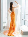 Cifeeo-back to school outfits nye outfits Valentine's Day outfits Pretty Mermaid Scoop Orange Sequin Long Prom Dress Evening Dress Formal Dress CIF2136