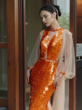 Cifeeo-back to school outfits nye outfits Valentine's Day outfits Pretty Mermaid Scoop Orange Sequin Long Prom Dress Evening Dress Formal Dress CIF2136