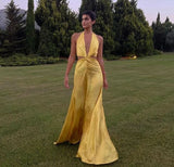 Cifeeo-back to school outfits nye outfits Valentine's Day outfits Pretty A line Halter Neckline Long Yellow Prom Dress Evening Dress Formal Dress CIF2161