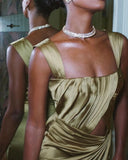 Cifeeo-back to school outfits nye outfits Valentine's Day outfits Fancy A line Square Neckline Green Satin Long Prom Dress Evening Dress Formal Dress CIF2170