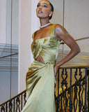 Cifeeo-back to school outfits nye outfits Valentine's Day outfits Fancy A line Square Neckline Green Satin Long Prom Dress Evening Dress Formal Dress CIF2170