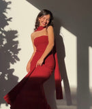 Cifeeo-back to school outfits nye outfits Valentine's Day outfits Pretty Mermaid Spaghetti Straps Floor Length Red Prom Dress Evening Dress Formal Dress With Ribbon CIF2194