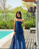 Cifeeo-back to school outfits nye outfits Valentine's Day outfits Pretty Mermaid Spaghetti Straps Floor Length Navy Blue Prom Dress Evening Dress Formal Dress With Ribbon CIF2196