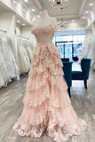 Cifeeo-back to school outfits nye outfits Valentine's Day outfits Pretty A-Line Off The Shoulder Blush Pink Lace Slit Long Prom Dresses Formal Evening Dress CIF2202