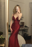 Cifeeo-back to school outfits nye outfits Valentine's Day outfits Burgundy mermaid long prom dress spaghetti straps simple prom dress CIF2217