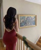 Cifeeo-back to school outfits nye outfits Valentine's Day outfits Sexy Mermaid Spaghetti Straps Satin Burgundy Prom Dresses Long Party Dress CIF2223