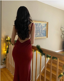 Cifeeo-back to school outfits nye outfits Valentine's Day outfits Sexy Mermaid Spaghetti Straps Satin Burgundy Prom Dresses Long Party Dress CIF2223