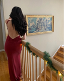 Cifeeo-back to school outfits nye outfits Valentine's Day outfits Sexy Mermaid Spaghetti Straps Satin Burgundy Prom Dresses Long Party Dress CIF2223
