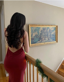 Cifeeo-back to school outfits nye outfits Valentine's Day outfits Sexy Mermaid Spaghetti Straps Satin Burgundy Prom Dresses Long Party Dress CIF2223