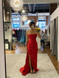 Cifeeo-back to school outfits nye outfits Valentine's Day outfits Sexy Mermaid Strapless Satin Red Prom Dresses Long Party Dress CIF2231