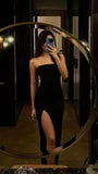 Cifeeo-back to school outfits nye outfits Valentine's Day outfits Sexy Sheath Strapless Black Long Prom Dresses Slit Party Dress CIF2253