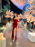 Cifeeo-back to school outfits nye outfits Valentine's Day outfits Sexy Mermaid Off The Shoulder Short Sleeves Burgundy Long Prom Dresses Slit Party Dress CIF2263