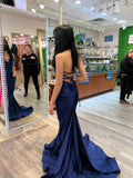 Cifeeo-back to school outfits nye outfits Valentine's Day outfits Sexy Mermaid Navy Blue Satin Long Backless Prom Dresses Long Party Dress CIF2275