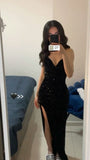 Cifeeo-back to school outfits nye outfits Valentine's Day outfits Sexy Mermaid Spaghetti Straps Sequin Slit Black Long Prom Dresses Party Dress CIF2282