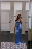 Cifeeo-back to school outfits nye outfits Valentine's Day outfits Pretty Mermaid Straps Blue Satin Prom Dresses Long Party Dress CIF2288
