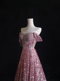 Cifeeo-back to school outfits nye outfits Valentine's Day outfits Pretty A Line Off The Shoulder Pink Sequin Long Prom Dresses Evening Gowns CIF2329