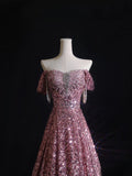 Cifeeo-back to school outfits nye outfits Valentine's Day outfits Pretty A Line Off The Shoulder Pink Sequin Long Prom Dresses Evening Gowns CIF2329