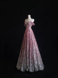 Cifeeo-back to school outfits nye outfits Valentine's Day outfits Pretty A Line Off The Shoulder Pink Sequin Long Prom Dresses Evening Gowns CIF2329