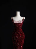 Cifeeo-back to school outfits nye outfits Valentine's Day outfits Pretty Mermaid Spaghetti Straps Sequin Beads Burgundy Long Prom Dresses Formal Evening Dress CIF2337