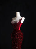 Cifeeo-back to school outfits nye outfits Valentine's Day outfits Pretty Mermaid Spaghetti Straps Sequin Beads Burgundy Long Prom Dresses Formal Evening Dress CIF2337