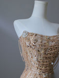 Cifeeo-back to school outfits nye outfits Valentine's Day outfits Pretty Mermaid Strapless Gold Sequin Beads Long Prom Dresses Formal Evening Dress CIF2342