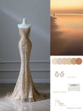 Cifeeo-back to school outfits nye outfits Valentine's Day outfits Pretty Mermaid Strapless Gold Sequin Beads Long Prom Dresses Formal Evening Dress CIF2342