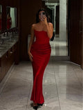 Cifeeo-back to school outfits nye outfits Valentine's Day outfits Pretty Mermaid Strapless Satin Red Long Ruffles Prom Dresses Formal Evening Dress CIF2364