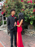 Cifeeo-back to school outfits nye outfits Valentine's Day outfits Pretty Mermaid Strapless Satin Red Long Ruffles Slit Prom Dresses Formal Evening Dress CIF2365