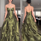 Cifeeo-back to school outfits nye outfits Valentine's Day outfits Pretty Ball Gown Strapless Satin Olive Green Long Ruffles Prom Dresses Formal Evening Dress CIF2381
