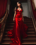Cifeeo-back to school outfits nye outfits Valentine's Day outfits Beautiful Mermaid Spaghetti Straps Red Satin Long Party Dresses Prom Dress CIF2382