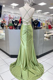 Cifeeo-back to school outfits nye outfits Valentine's Day outfits Pretty Sage Scoop Neck Satin Mermaid Long Prom Dress with Slit Formal Gown Evening Dress CIF2419