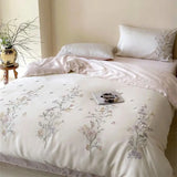 Cifeeo-Flowers Embroidery Luxury Bedding Set 600TC Lyocell Bamboo Fiber Soft Silky Duvet Cover Flat/Fitted Bed Sheet Pillowcases 4Pcs