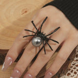 Cifeeo-Halloween Jewelry Halloween Exaggerated Spider Rings for Women Gothic Aesthetic Dark Animal Imitation Pearl Finger Ring Men Party Punk Jewelry