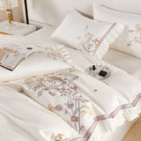 Cifeeo-Pastoral Flowers Embroidery Bedding Set, 100s Egyptian Cotton, Lace Ruffles, Duvet Cover Set, Flat, Fitted Bed Sheet, Pillowcase